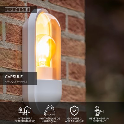 Lucide CAPSULE - Applique murale Intérieur/Extérieur - 1xE27 - IP54 - Blanc